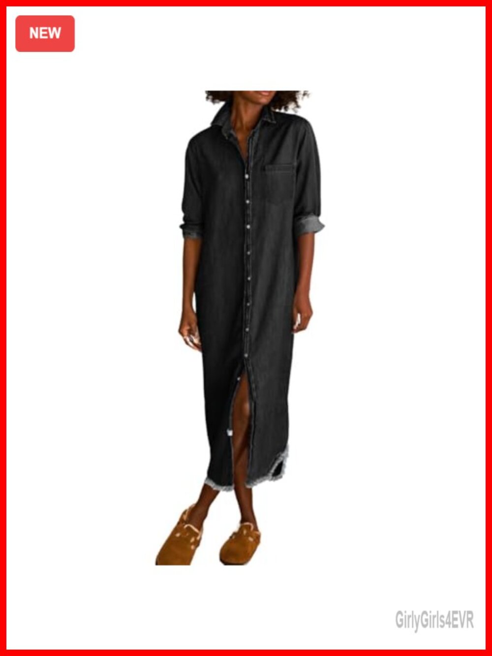 Women's Long Sleeve Button Down Denim Shirt Dress Lapel Distressed Midi Shift